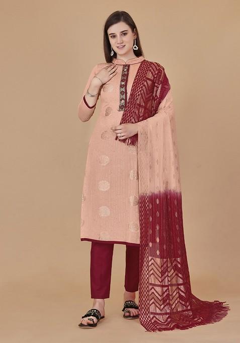 Peach Jacquard Blended Pakistani Suit Set