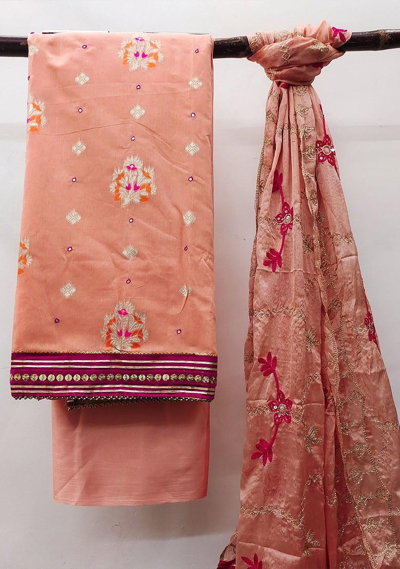 Peach Woven Banarasi Jacquard Kurta Set
