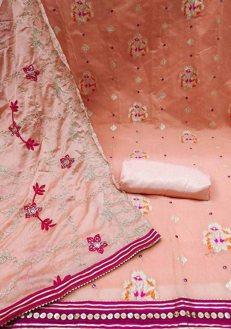 Peach Woven Banarasi Jacquard Kurta Set