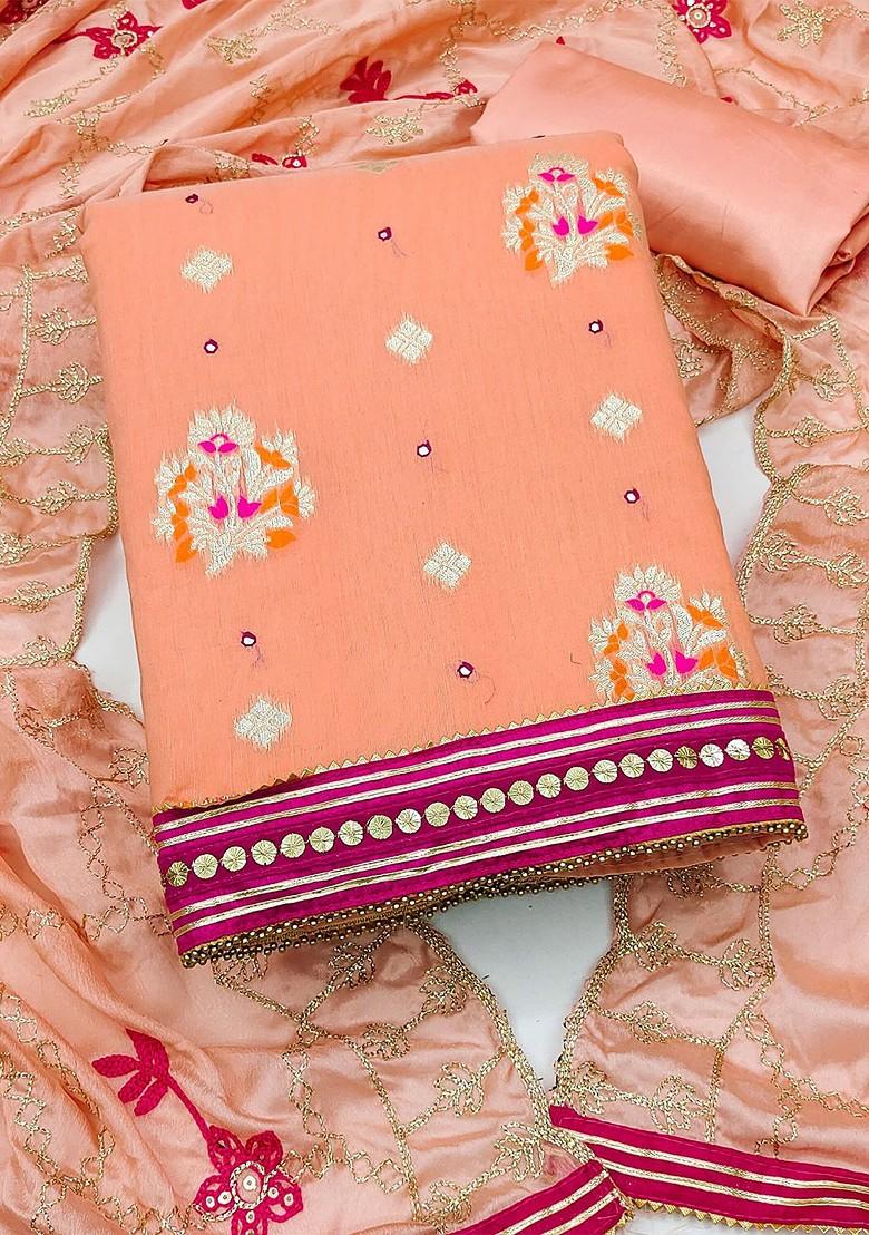 Peach Woven Banarasi Jacquard Kurta Set