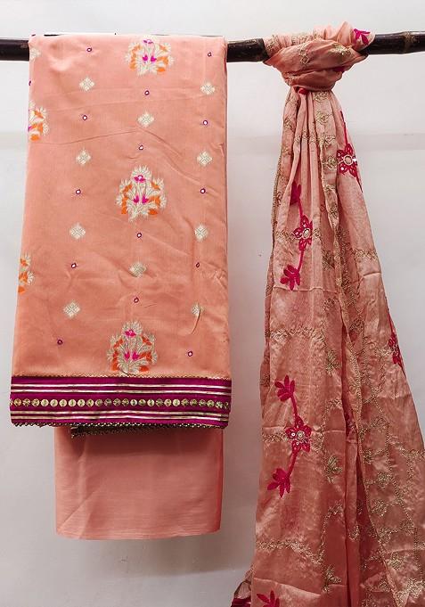 Peach Woven Banarasi Jacquard Kurta Set