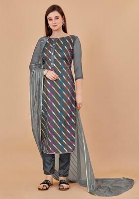 Grey Striped Print Organza Kurta Set