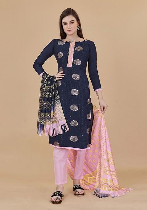 Blue Woven Poly Blend Kurta Set