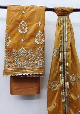 Mustard Embroidered Poly Blend Kurta Set