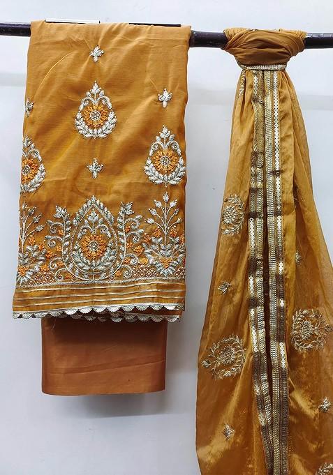 Mustard Embroidered Poly Blend Kurta Set