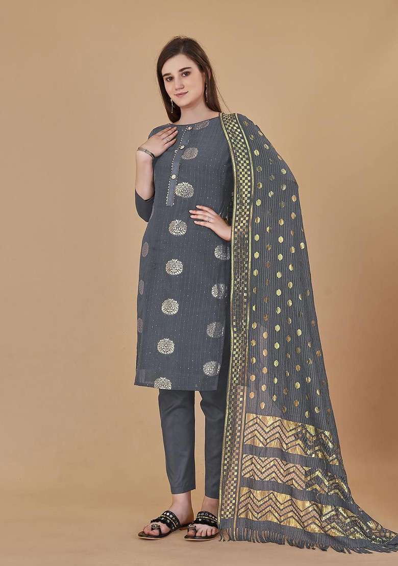Grey Printed Jacquard Straight Kurta Set - Indya