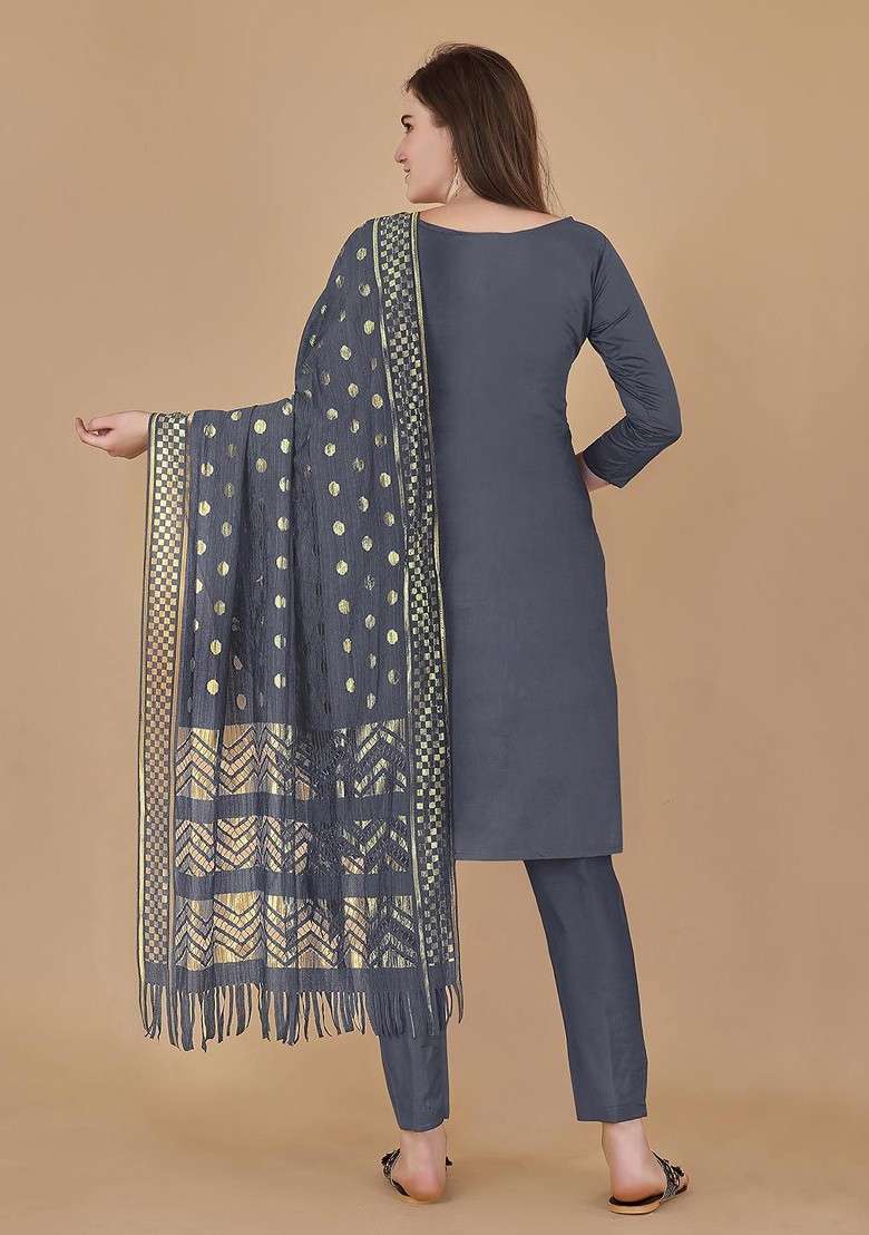 Grey Printed Jacquard Straight Kurta Set - Indya
