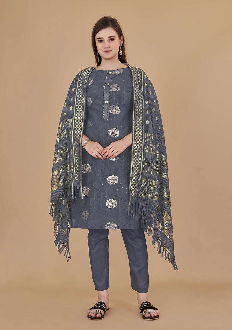 Grey Printed Jacquard Straight Kurta Set - Indya