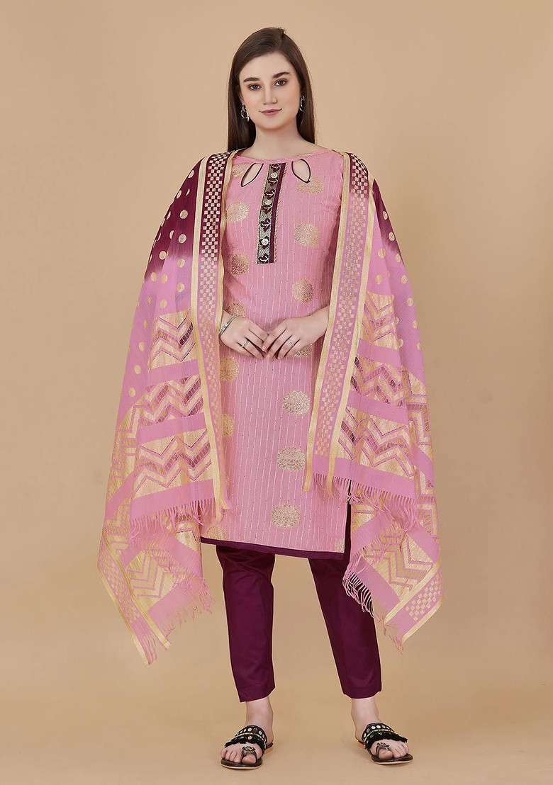 Pink Striped Blended Straight Kurta Set - Indya