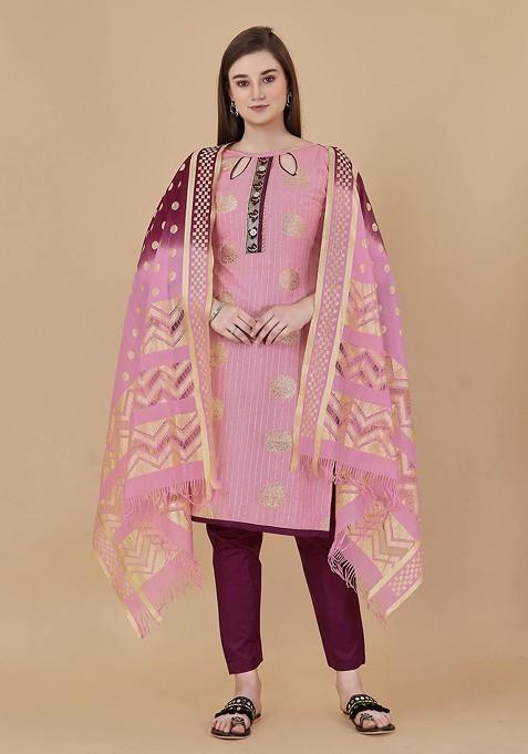 Pink Woven Poly Blend Kurta Set