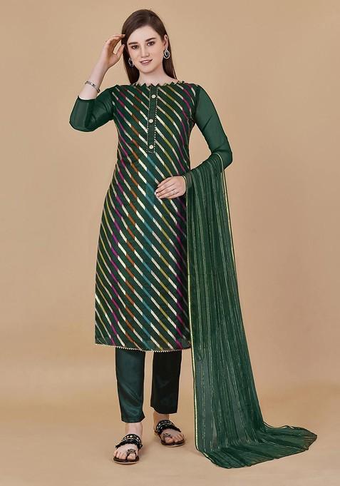 Green Striped Print Organza Kurta Set