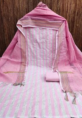 Pink Striped Print Poly Blend Kurta Set