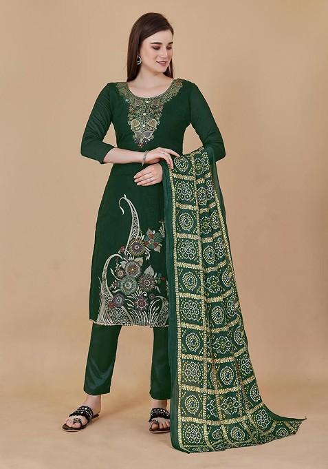 Green Woven Poly Blend Kurta Set