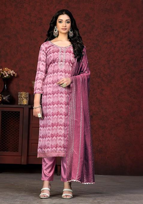 Pink Printed Poly Blend Kurta Set