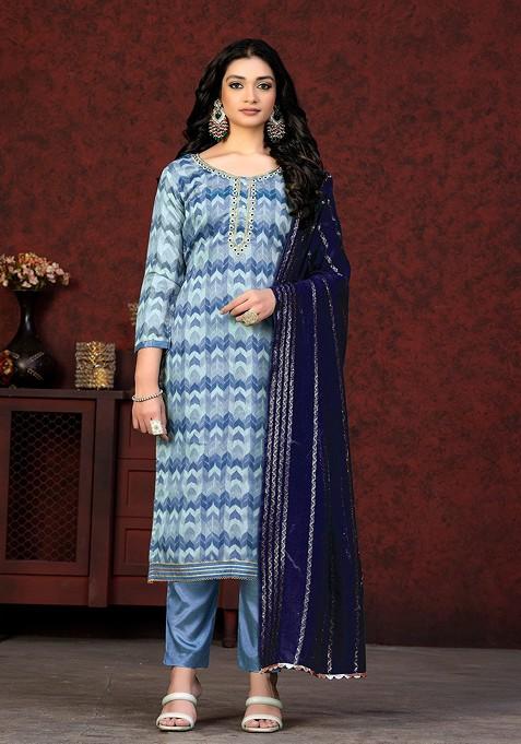 Blue Printed Blended Straight Kurta Set