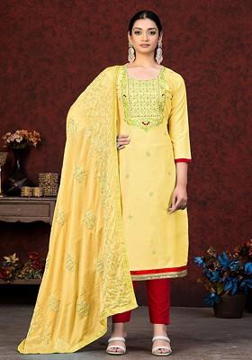 Yellow Embellished Poly Blend Kurta Set