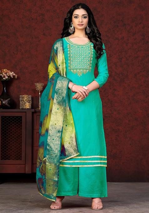 Sea Green Embroidered Poly Blend Kurta Set