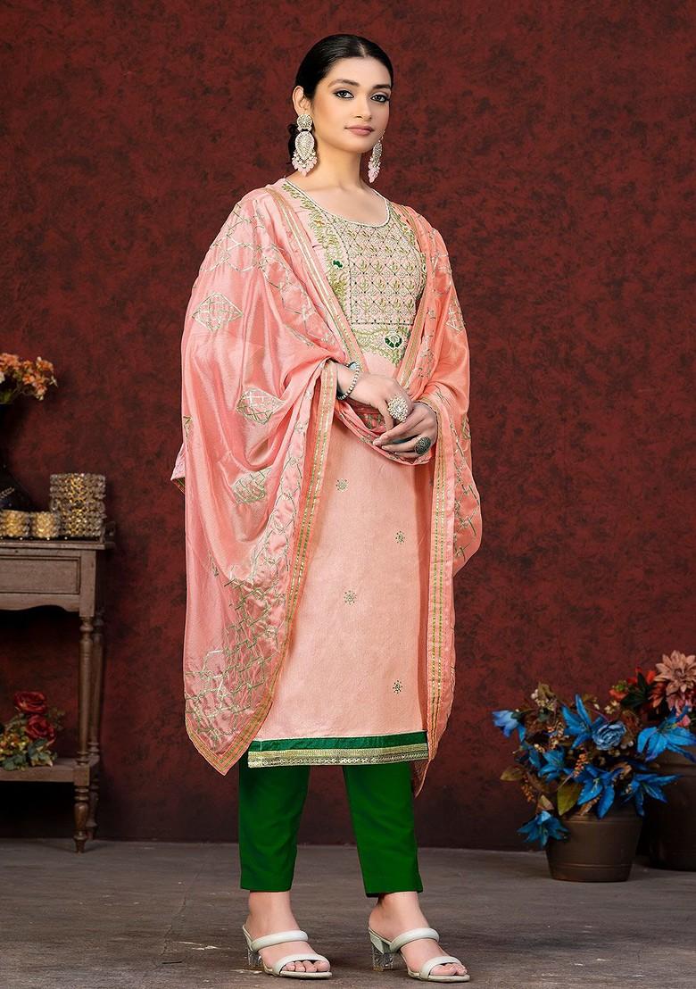 Peach Embroidered Poly Blend Kurta Set - Indya