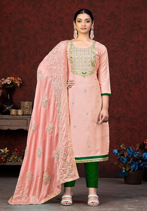 Peach Embroidered Poly Blend Kurta Set