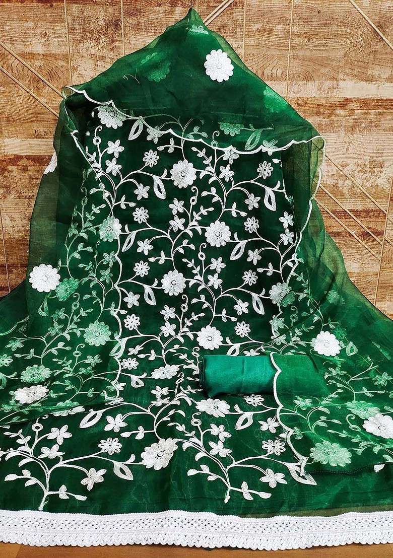 Green Embroidered Organza Straight Kurta Set - Indya