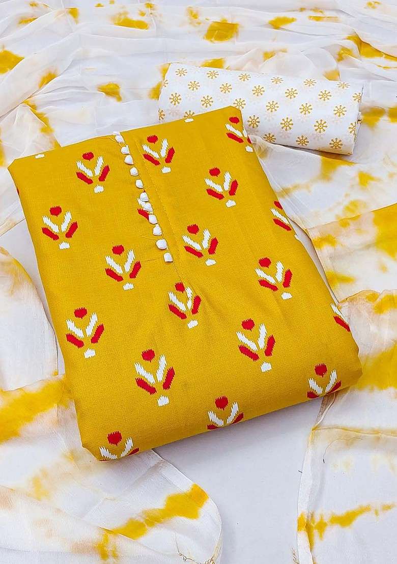 Yellow Printed Blended Punjabi Suit - Indya