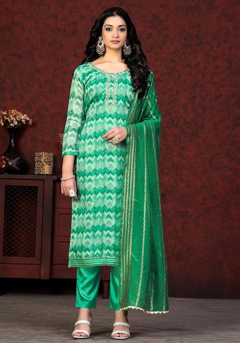 Green Printed Blended Straight Kurta Set