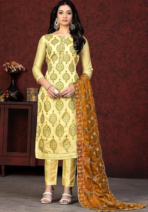 Yellow Embroidered Poly Blend Kurta Set