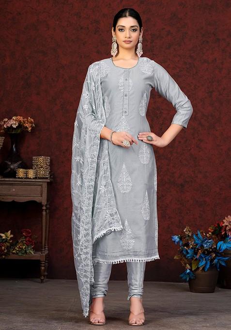Grey Embroidered Poly Blend Kurta Set