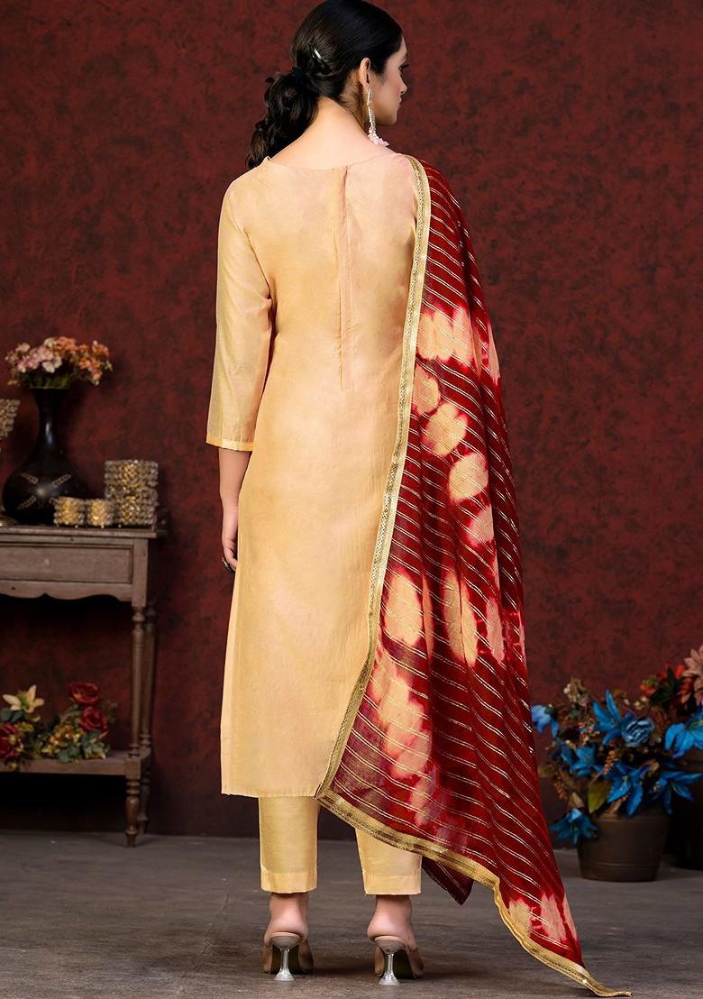 Beige Embroidered Poly Blend Kurta Set - Indya