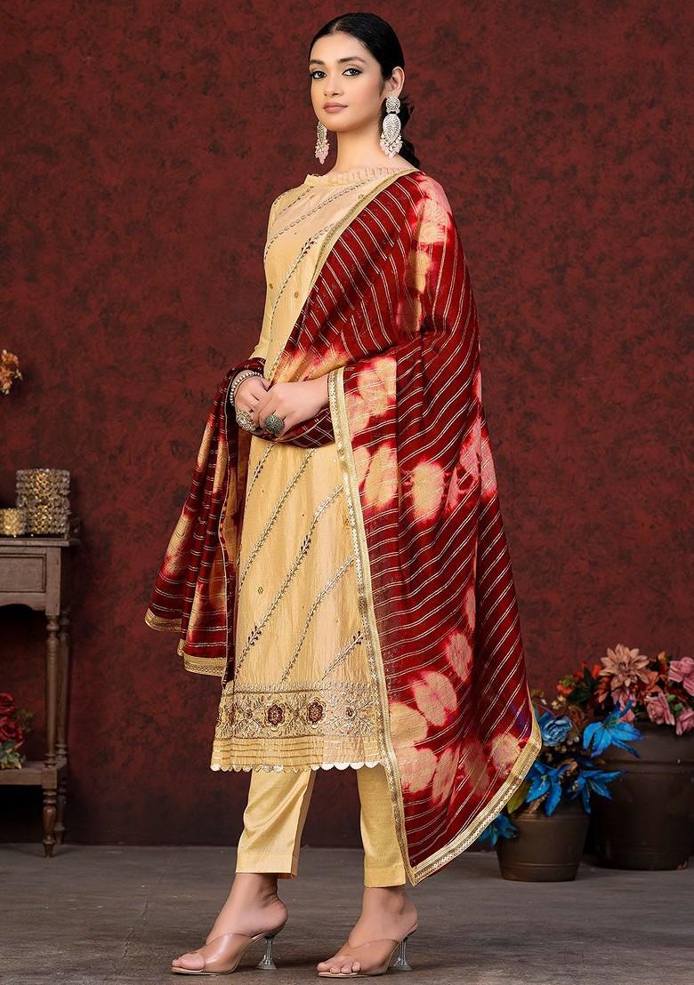 Beige Embroidered Poly Blend Kurta Set - Indya