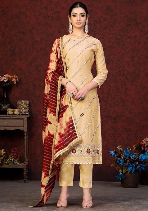 Beige Embroidered Poly Blend Kurta Set