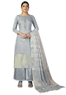 Grey Woven Poly Blend Kurta Set