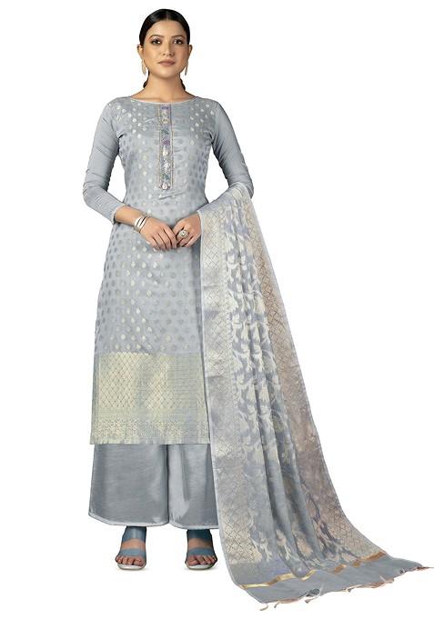 Grey Woven Poly Blend Kurta Set