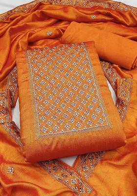 Orange Embroidered Pure Silk Kurta Set