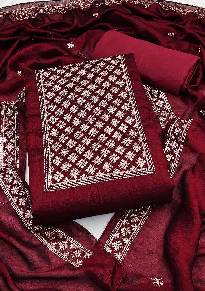 Magenta Embroidered Silk Straight Kurta Set - Indya
