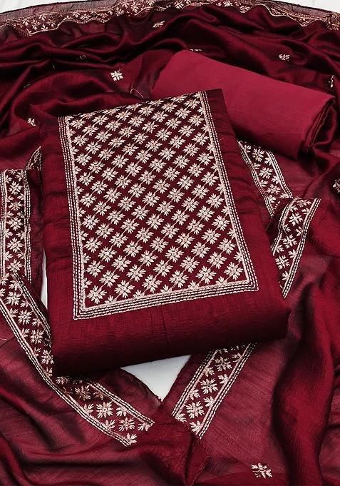 Magenta Embroidered Silk Straight Kurta Set