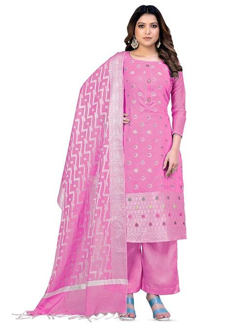 Pink Woven Banarasi Jacquard Kurta Set