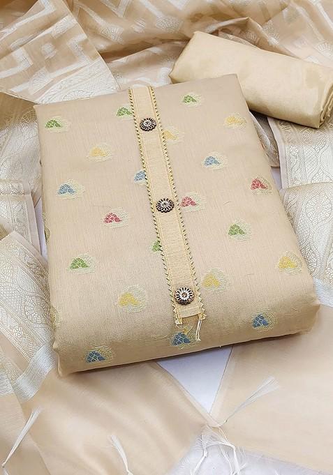 Beige Embroidered Blended Straight Kurta Set