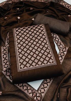 Brown Embroidered Pure Silk Kurta Set