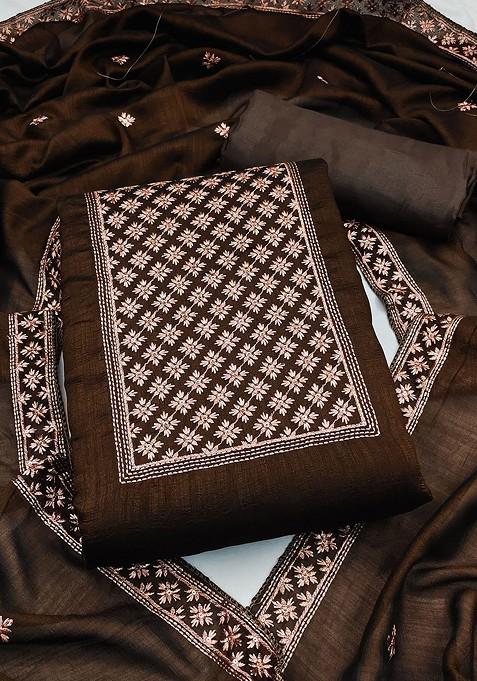 Brown Embroidered Pure Silk Kurta Set