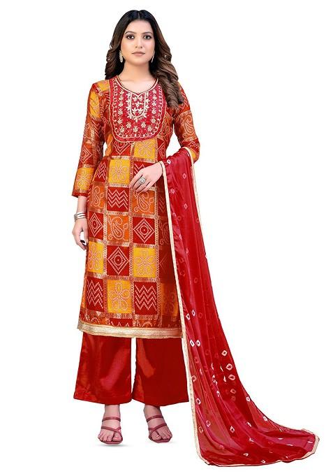 Red Printed Pure Cotton Kurta Set