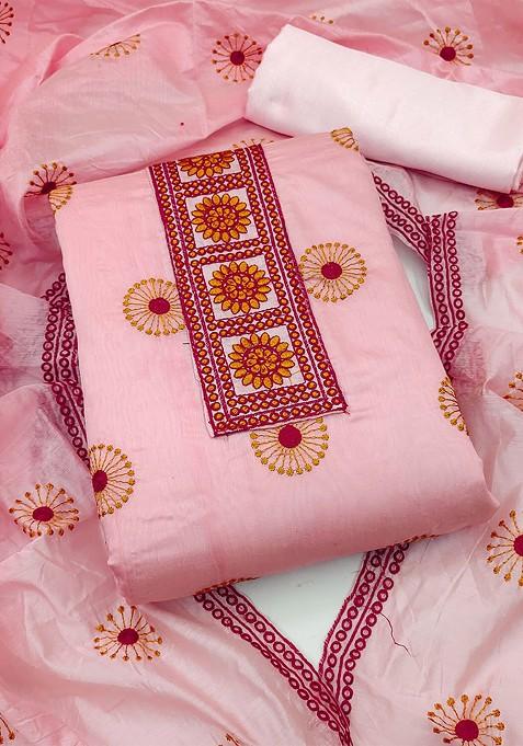 Pink Embroidered Blended Straight Kurta Set