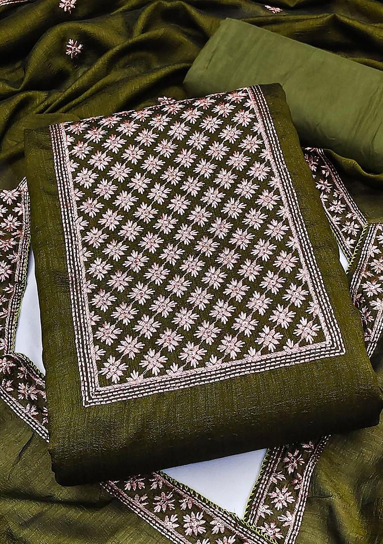 Green Embroidered Pure Silk Kurta Set - Indya