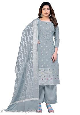 Grey Woven Poly Blend Kurta Set