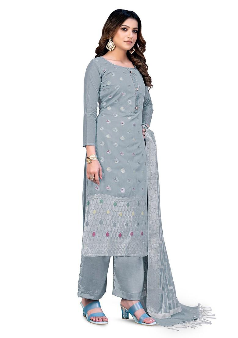 Grey Woven Poly Blend Kurta Set - Indya
