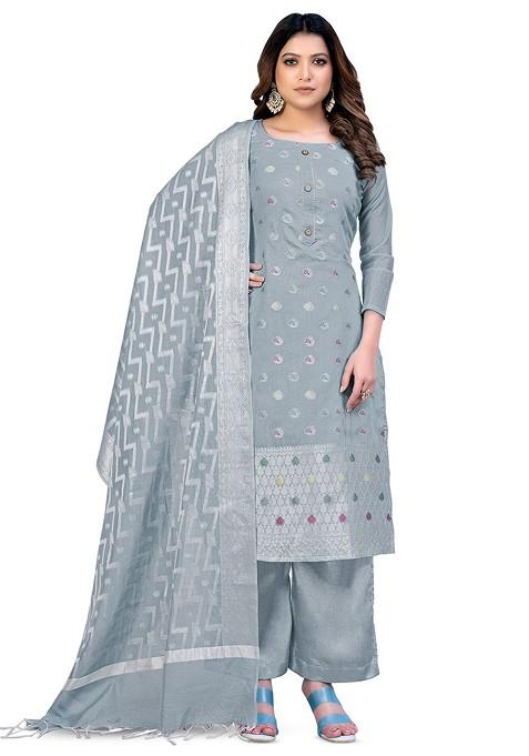 Grey Woven Poly Blend Kurta Set