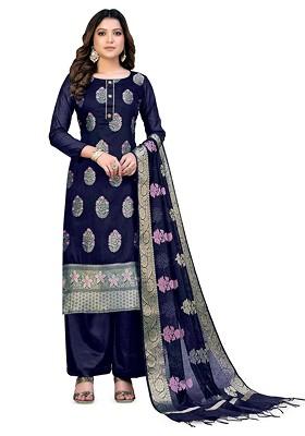 Blue Woven Poly Blend Kurta Set