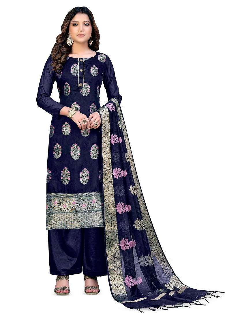 Blue Jacquard Blended Pakistani Suit Set - Indya