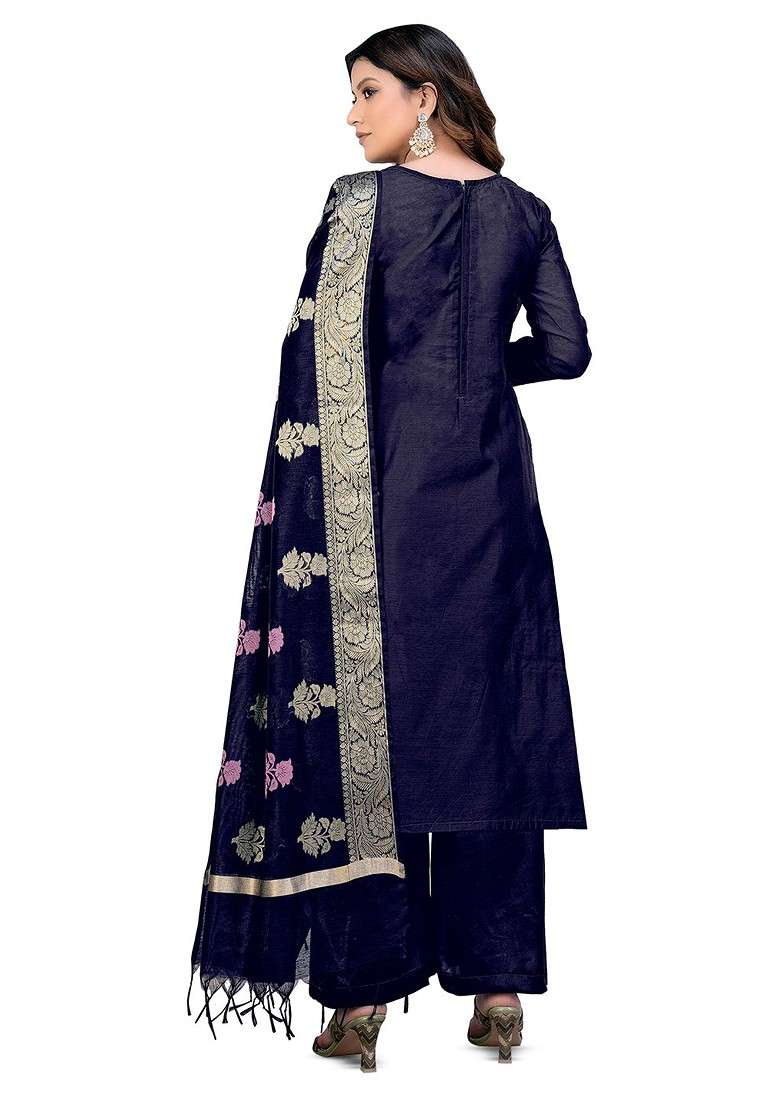 Blue Jacquard Blended Pakistani Suit Set - Indya