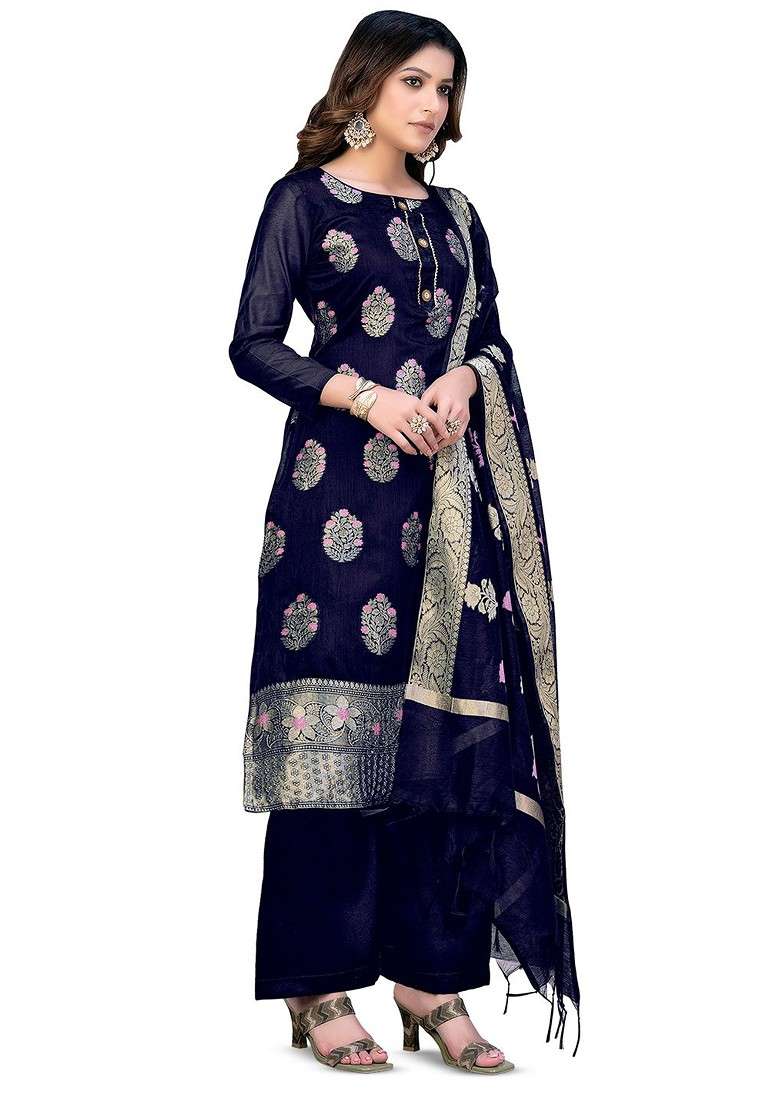 Blue Jacquard Blended Pakistani Suit Set - Indya